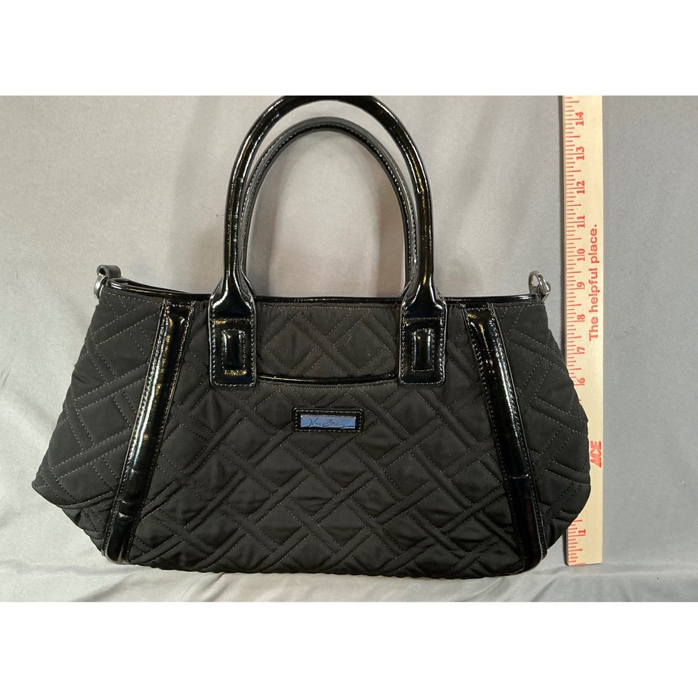 Vera Bradley Black Quilted Microfiber Satchel Bag Patent Trim Top Handle Purse
